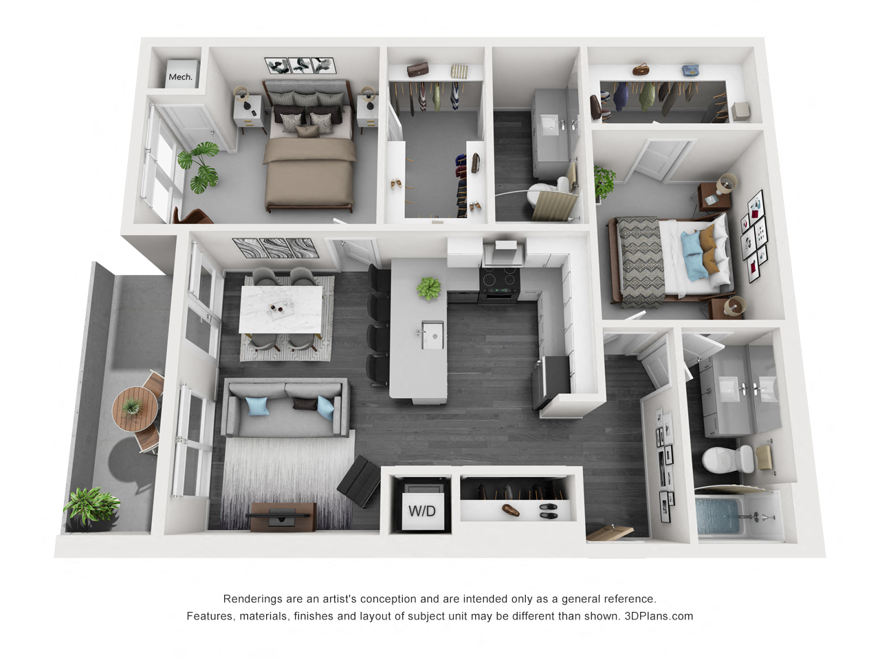 Floor plan for 2 beds, 2 baths, 1009 sqft